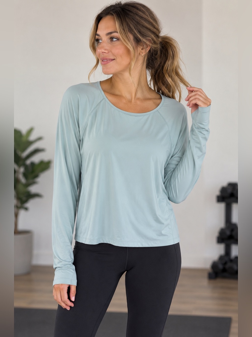 Push FWD Blue/Gray Long-Sleeve Performance Top Size Large Slightly Cropped -Gym